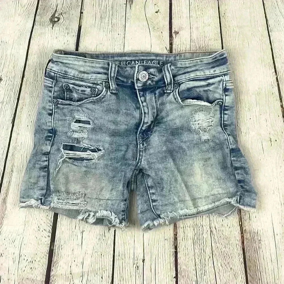 Blue Stretchy Denim Cut Off Shorts Distressed Sz 0 Next Level American Eagle - Picture 9 of 10